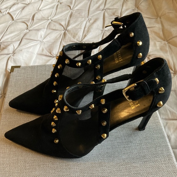 Stuart Weitzman black with gold stud heel shoes - Picture 1 of 7